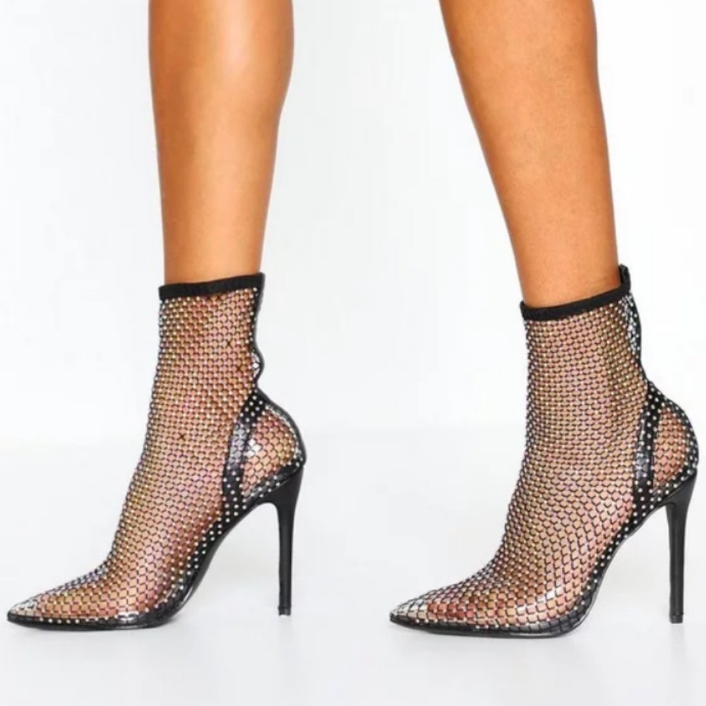 Boohoo Diamante Mesh Pointed Toe Sock Boots - 6